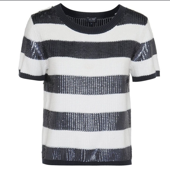 ARMANI JEANS BOLD STRIPE SEQUIN DETAIL JUMPER IN NAVY - Picture 2 of 6